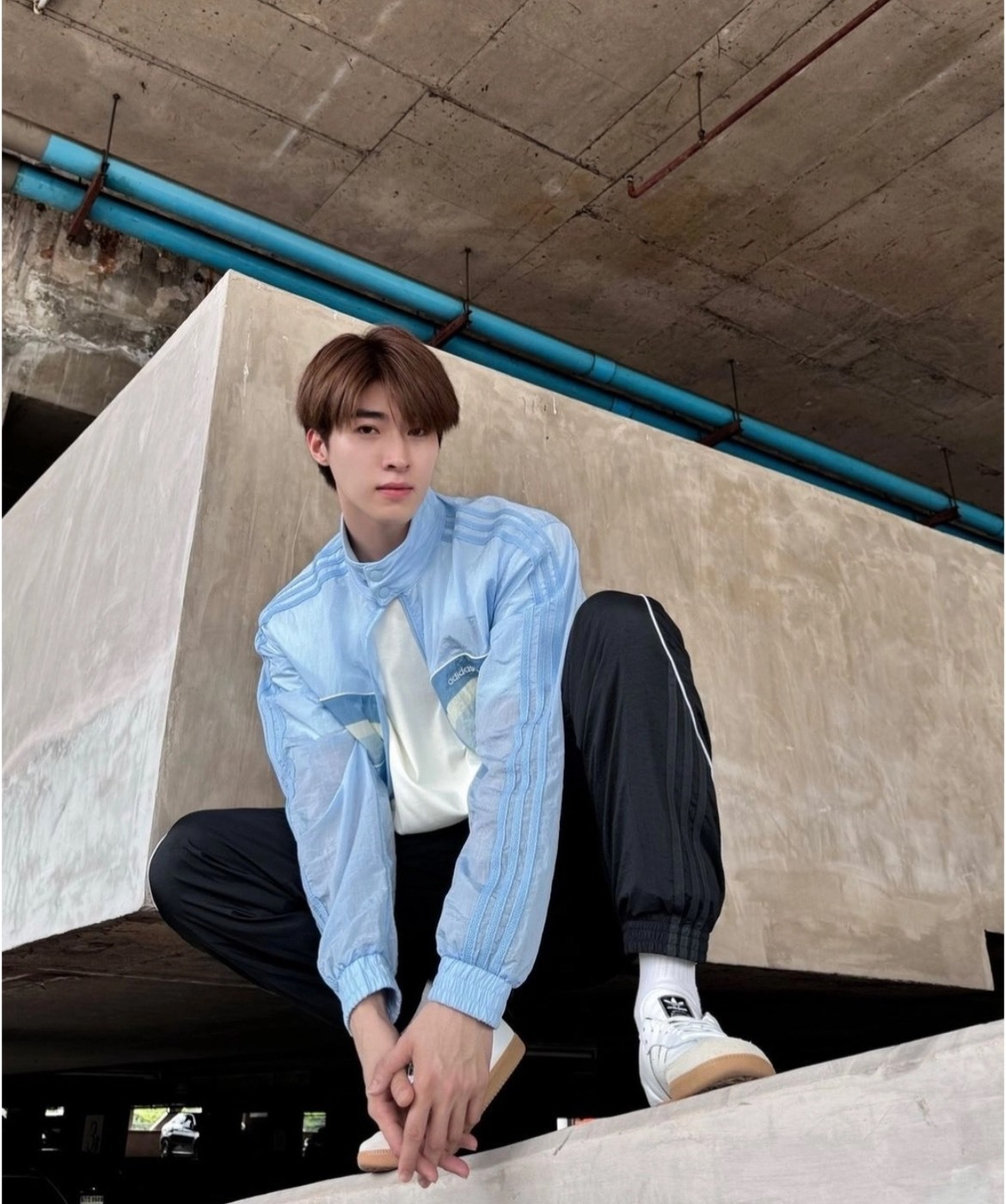 adidas 三葉草80年代拼色復古運動外套（男款 粉藍）