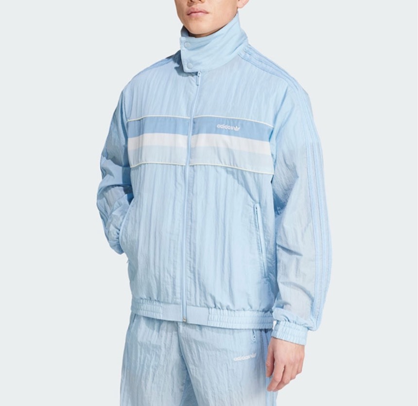 adidas 三葉草80年代拼色復古運動外套（男款 粉藍）