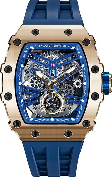 萬年鐘錶 - TSAR BOMBA 機械公爵 玫瑰金框矽膠錶帶機械透視機芯男錶 TB8208A-08 錶徑 43MM