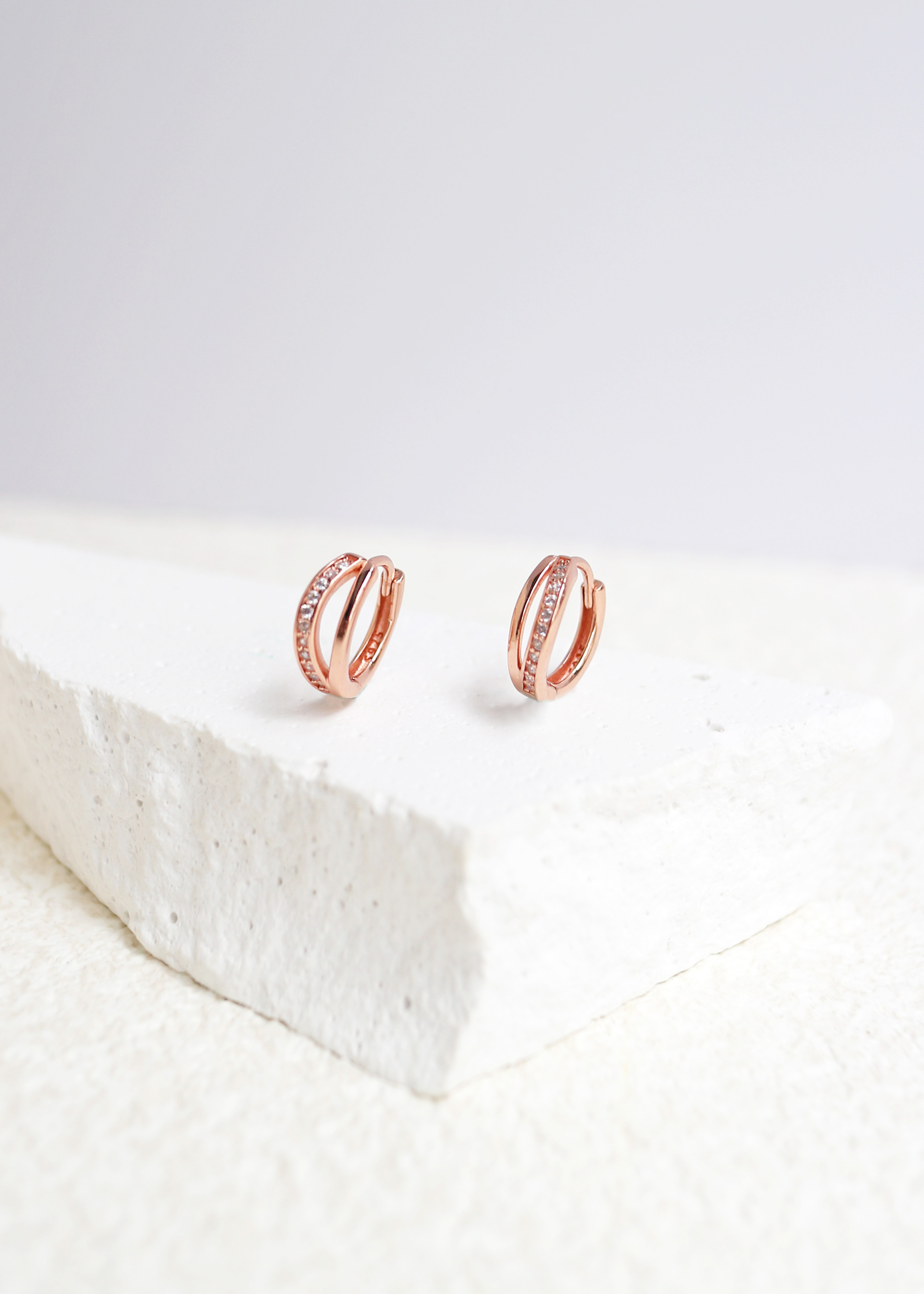 波浪排鑽純銀耳圈-玫瑰金