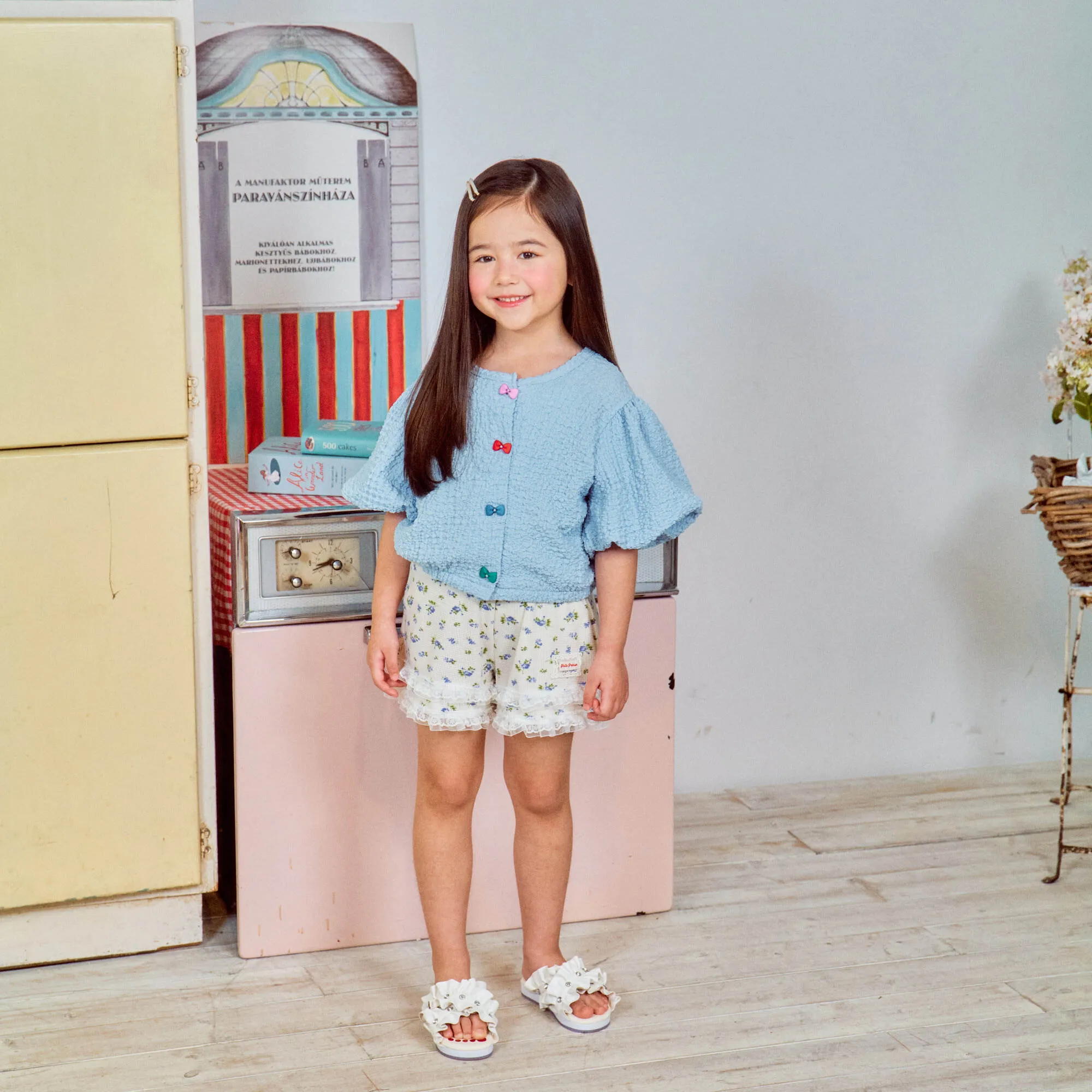 韓國 1st Blue - 25夏 華夫格小碎花蕾絲短褲