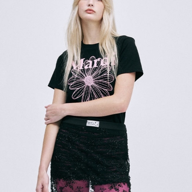 MARDI MERCREDI SLIM TSHIRT 短版上衣 短袖 黑底粉花 韓國代購 女款