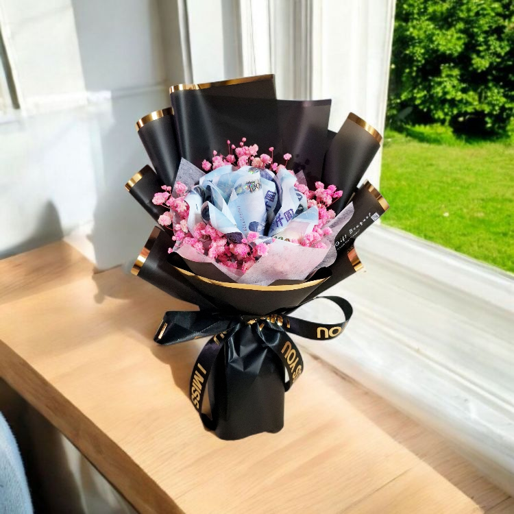 黑色單朵玫瑰千元6張鈔票花束,有錢花束,Red single rose bouquet of 3 and 6 banknotes, money bouquet