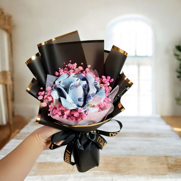 黑色單朵玫瑰千元6張鈔票花束,有錢花束,Red single rose bouquet of 3 and 6 banknotes, money bouquet