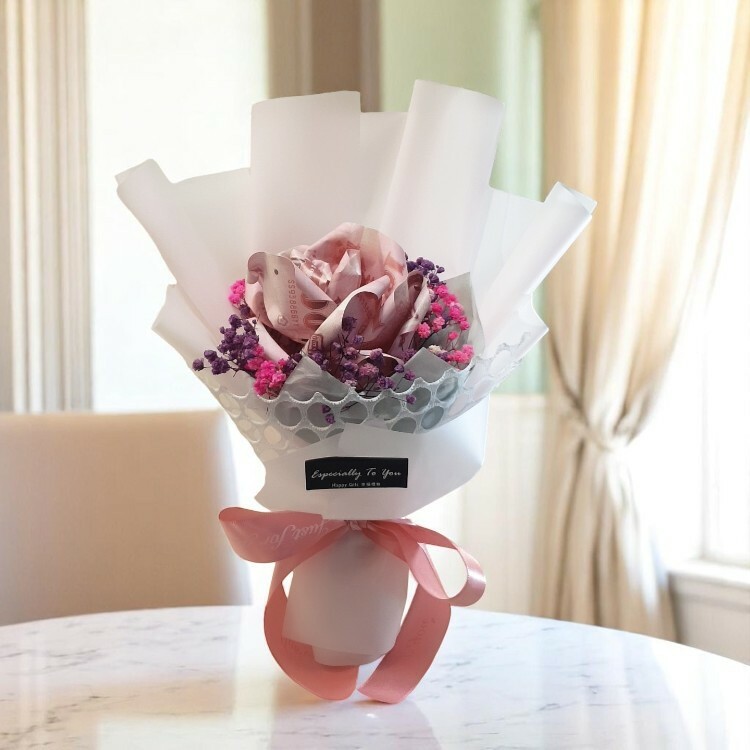 粉色單朵玫瑰千元6張鈔票花束,有錢花束,Red single rose bouquet of 3 and 6 banknotes, money bouquet