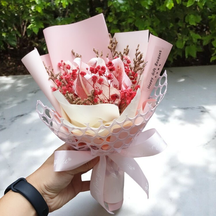 紅色單朵玫瑰千元6張鈔票花束,有錢花束,Red single rose bouquet of 3 and 6 banknotes, money bouquet
