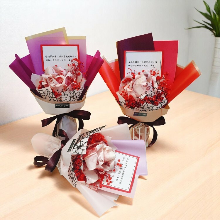 紅色單朵玫瑰千元6張鈔票花束,有錢花束,Red single rose bouquet of 3 and 6 banknotes, money bouquet