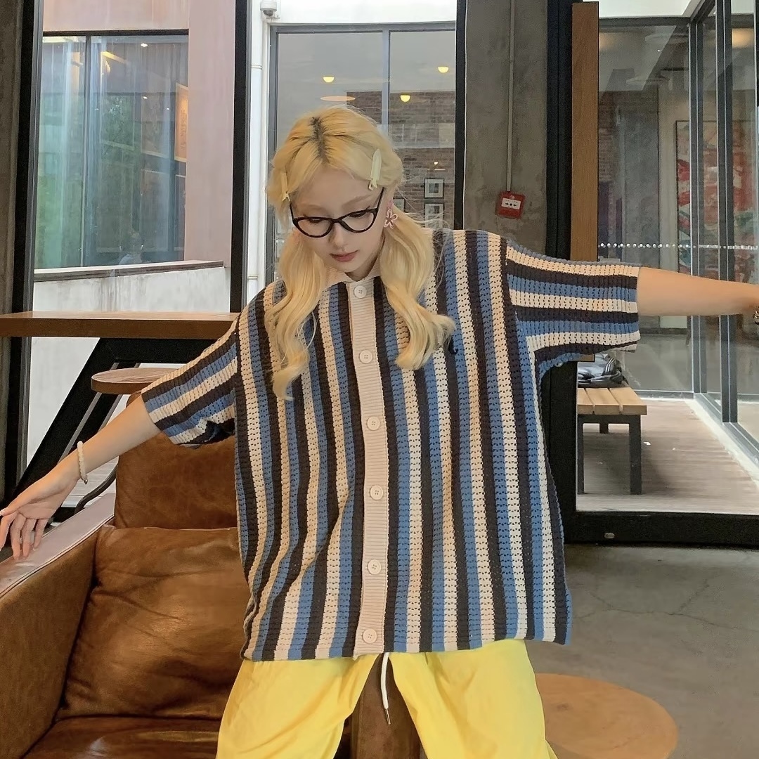 EMPTY REFERENCE 范丞丞同款 美式復古 針織條紋 POLO襯衫 拼色短袖 三色