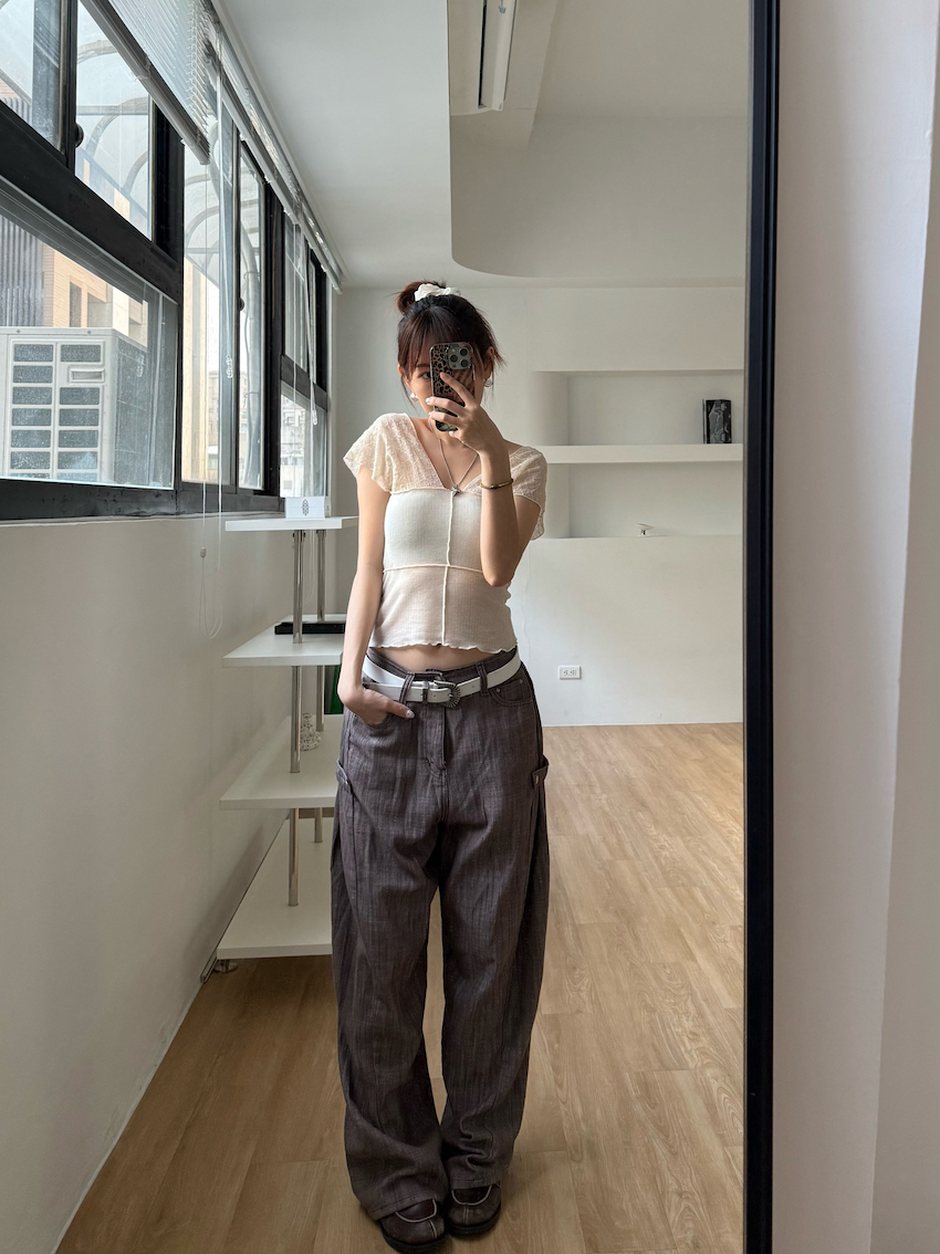 side button cotton and linen straight wide trousers in BROWN