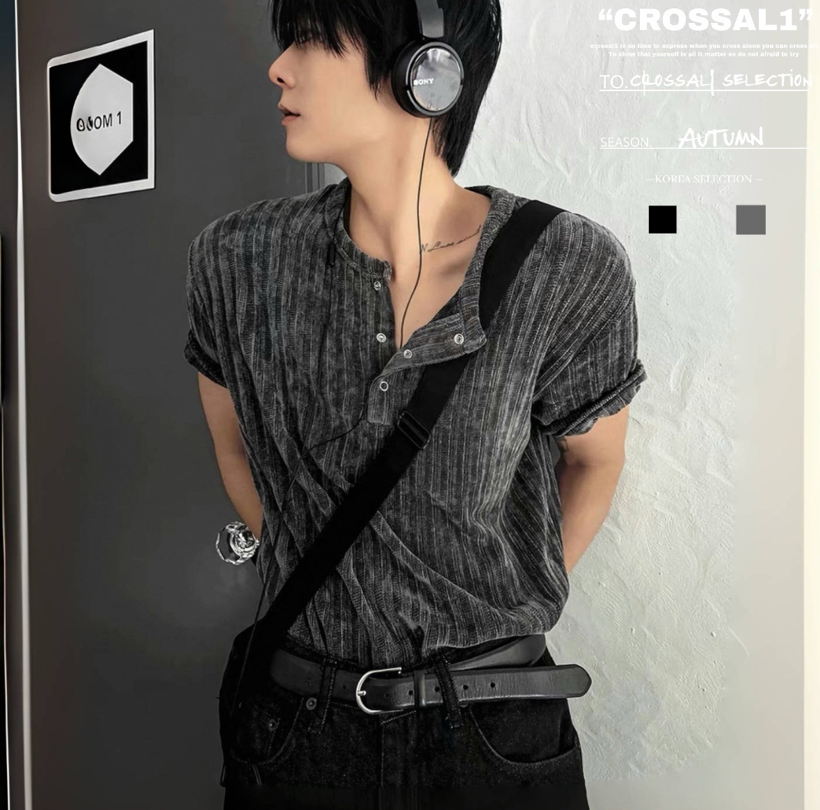 亨利領坑條絲絨短袖