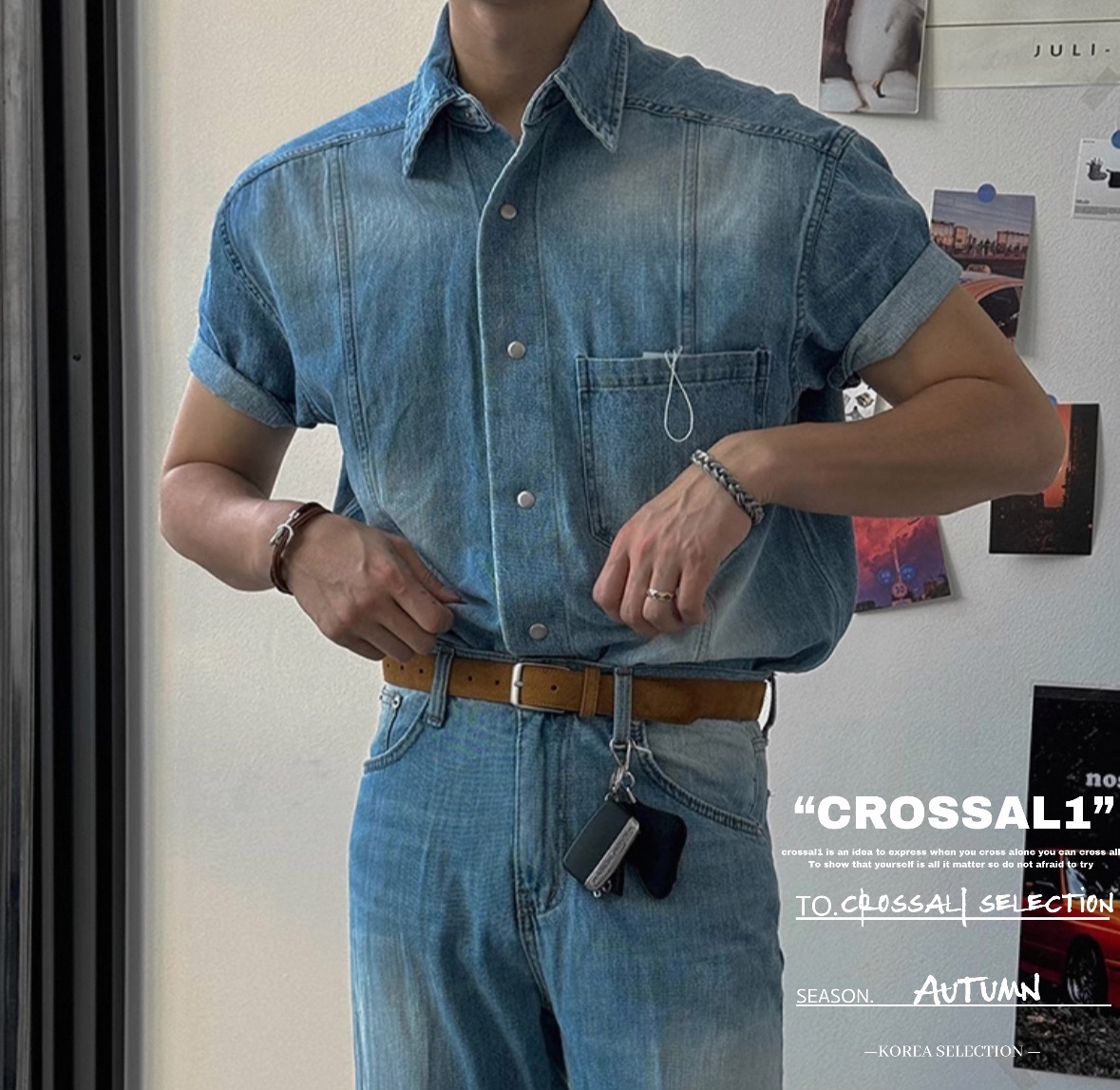 水洗拼接牛仔短袖襯衫