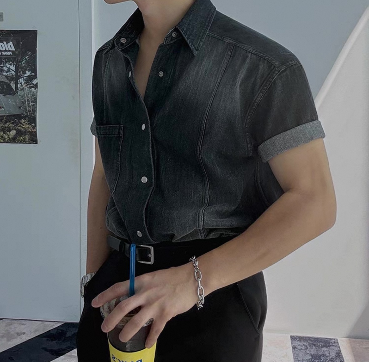 水洗拼接牛仔短袖襯衫