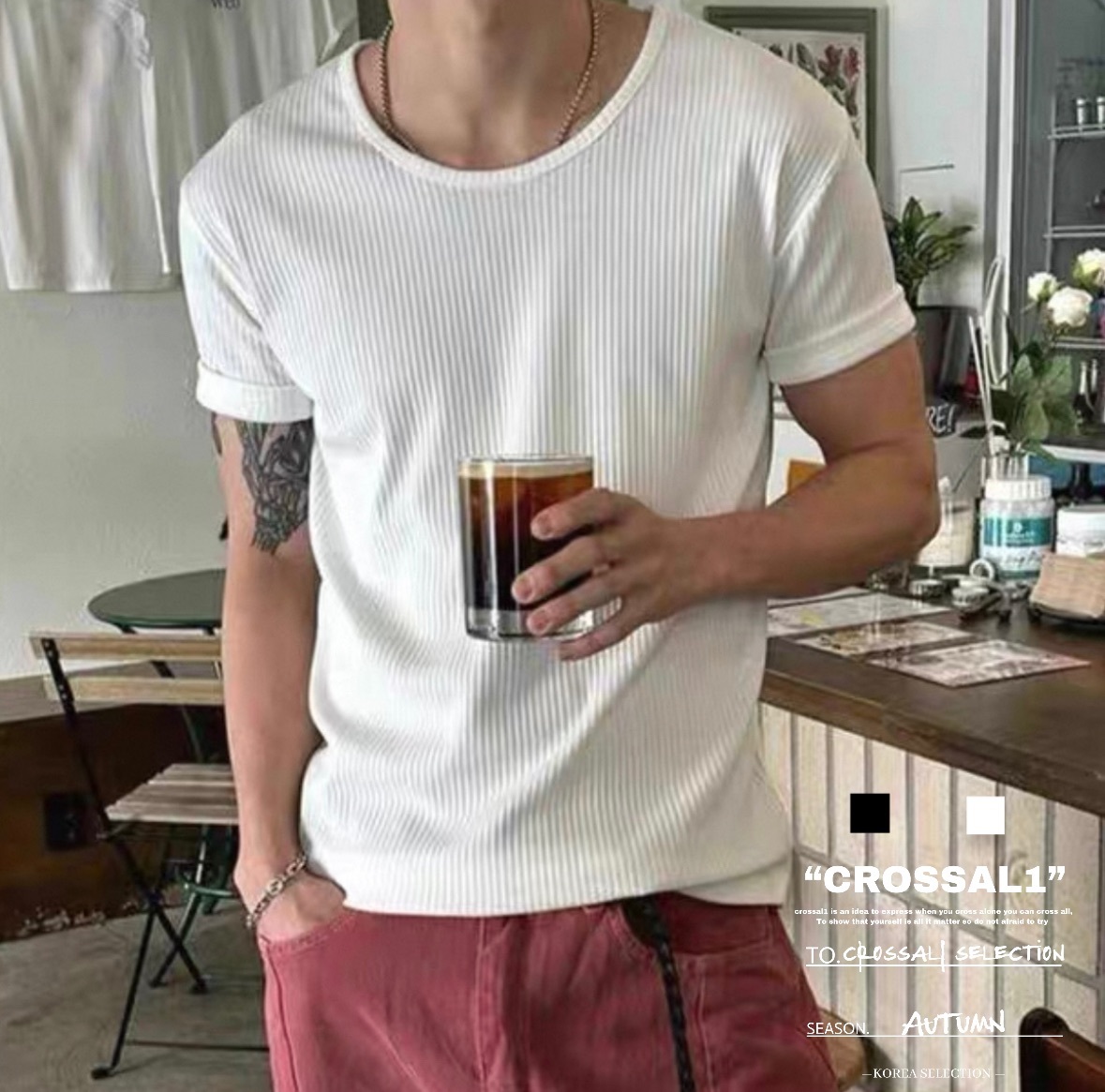 圓領純色螺紋坑條短袖上衣