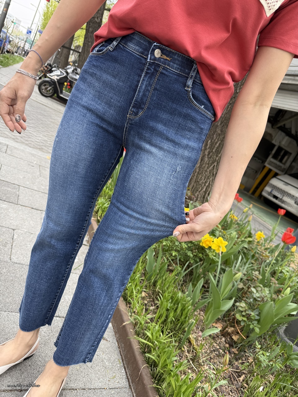 正韓氣質深藍刷破鬆緊合身小直筒