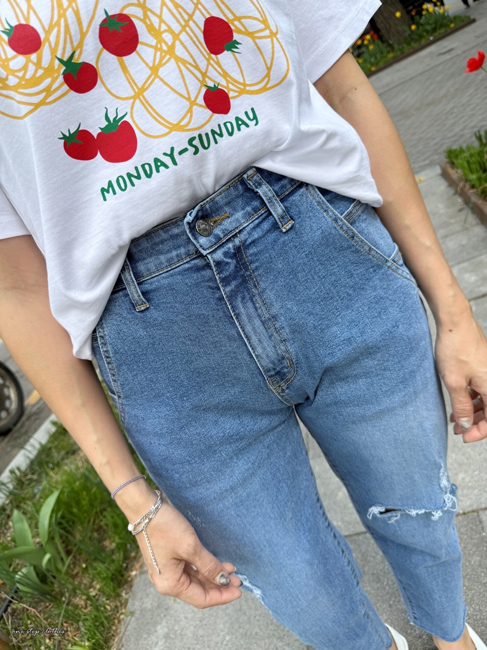 正韓Pocket達人淡藍刷破鬆緊小直筒