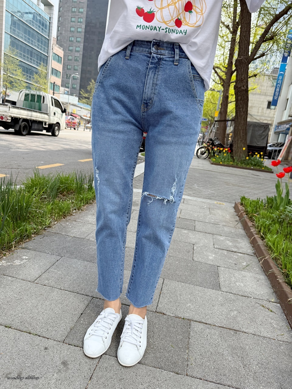 正韓Pocket達人淡藍刷破鬆緊小直筒