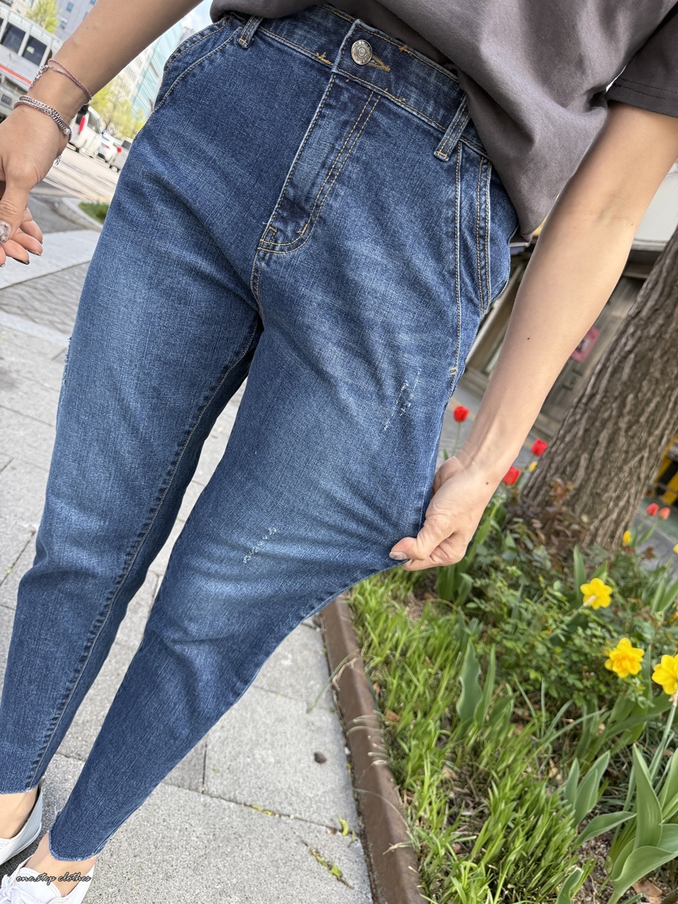 正韓顯瘦好朋友斜口袋鬆緊小直筒