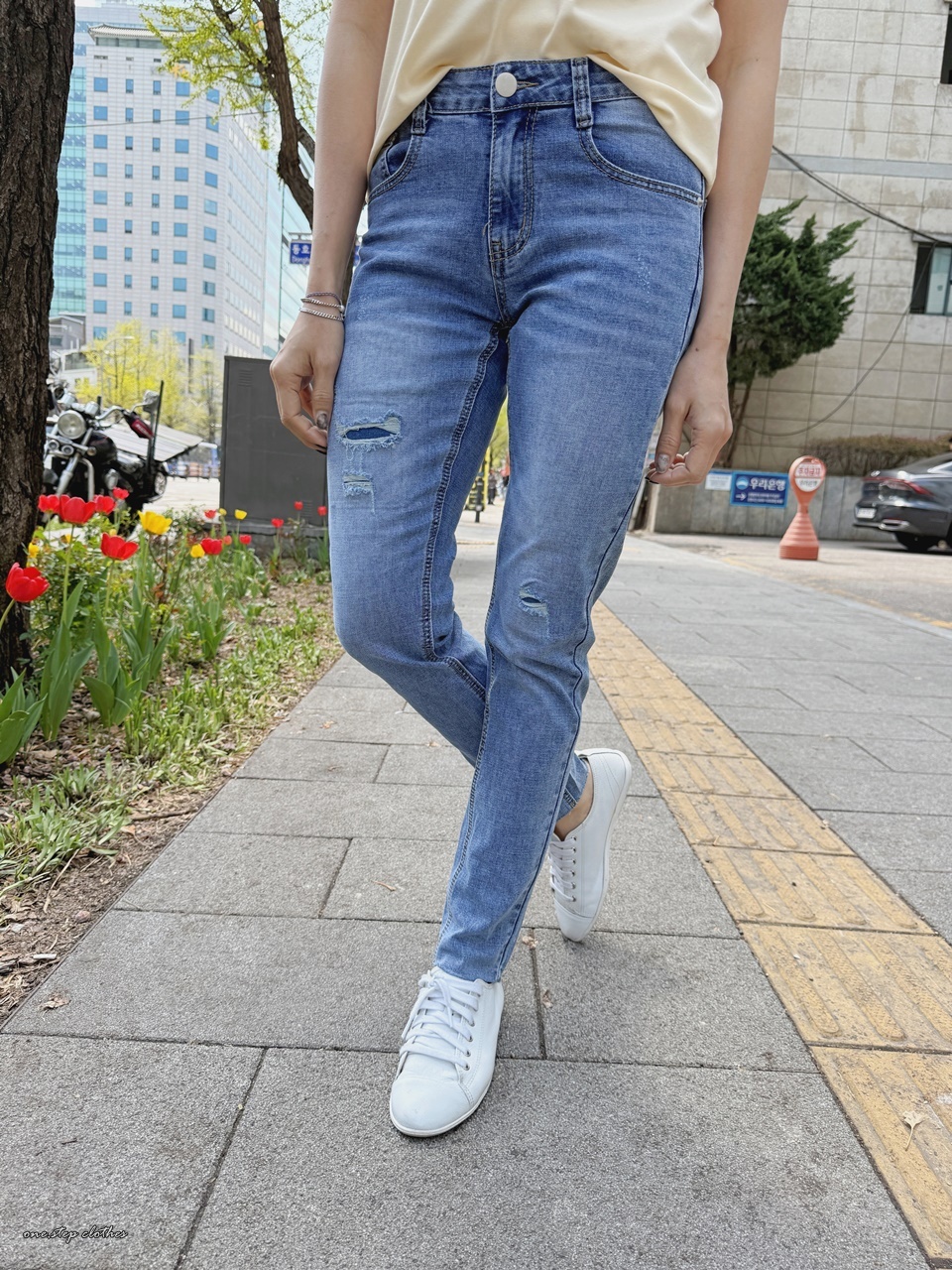 正韓神好穿淺藍補釘顯瘦小直筒
