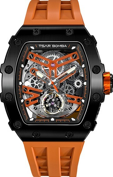 萬年鐘錶 - TSAR BOMBA 機械公爵 全黑框矽膠錶帶機械透視機芯男錶 TB8208A-01 錶徑 43MM