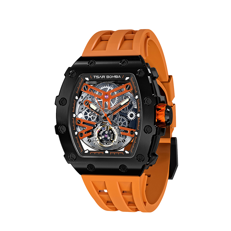 萬年鐘錶 - TSAR BOMBA 機械公爵 全黑框矽膠錶帶機械透視機芯男錶 TB8208A-01 錶徑 43MM