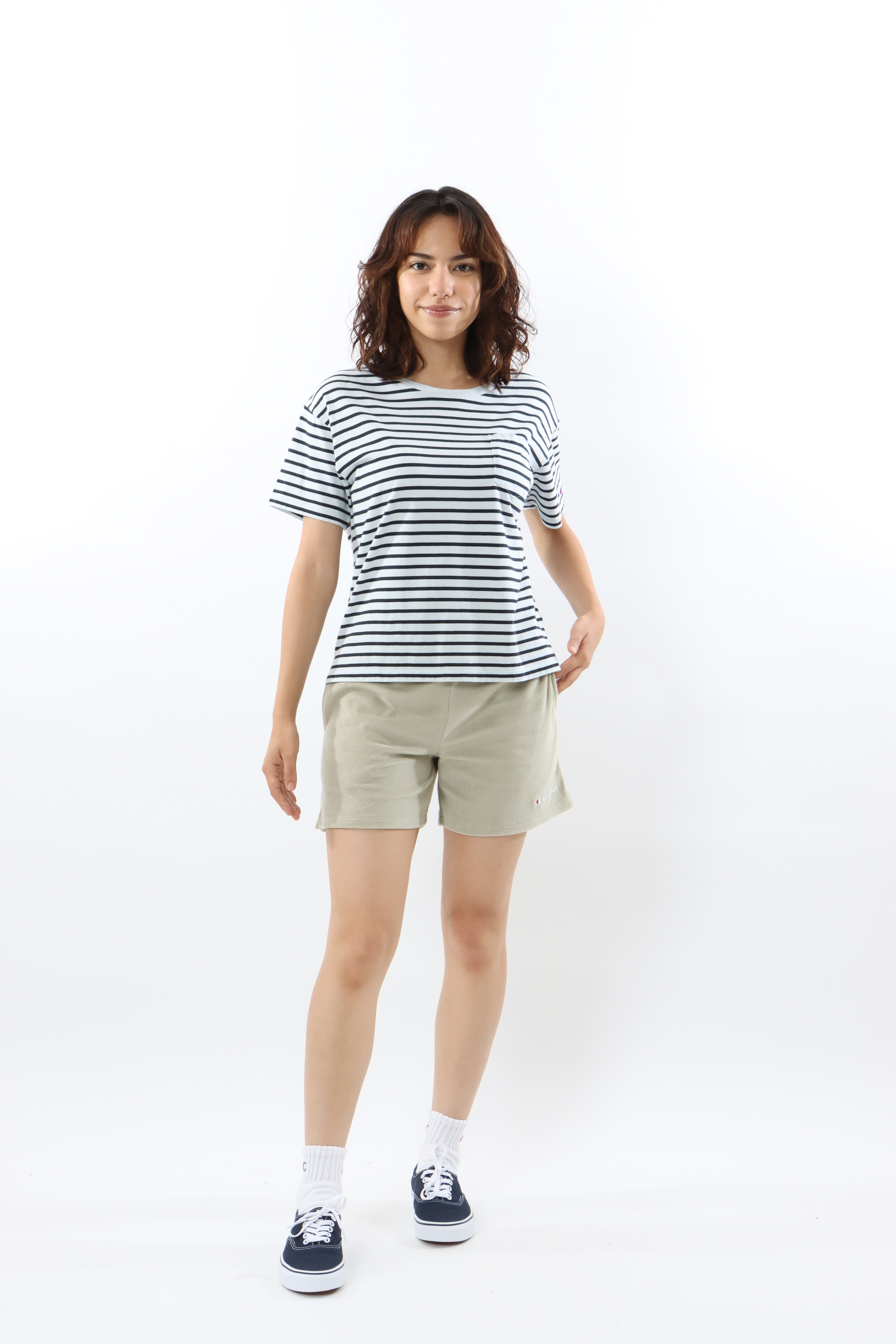 女款- BASIC 條紋 口袋 短TEE-淺藍色（CW-X343-322）