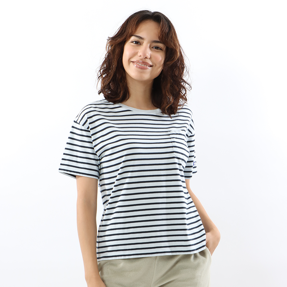 女款- BASIC 條紋 口袋 短TEE-淺藍色（CW-X343-322）