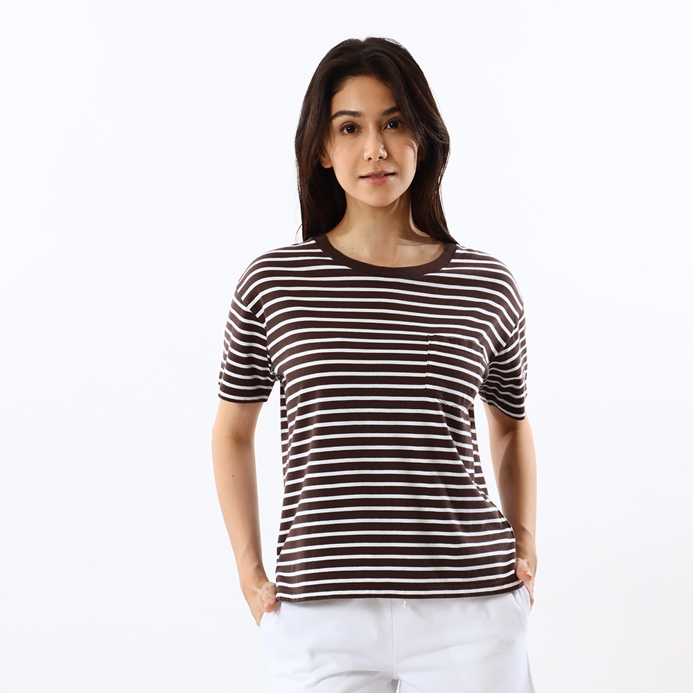 女款- BASIC 條紋 口袋 短TEE-褐色（CW-X343-860）