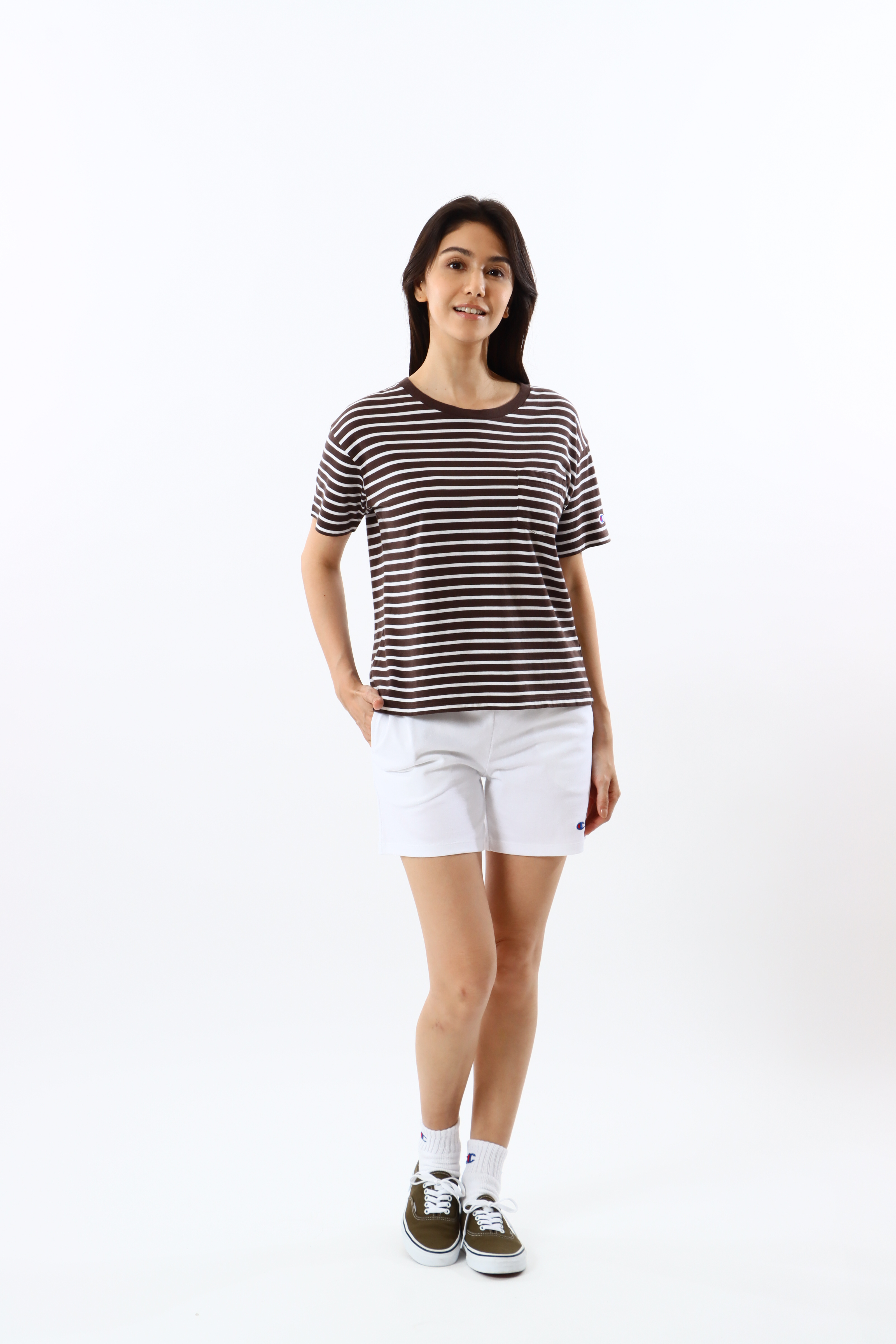女款- BASIC 條紋 口袋 短TEE-褐色（CW-X343-860）