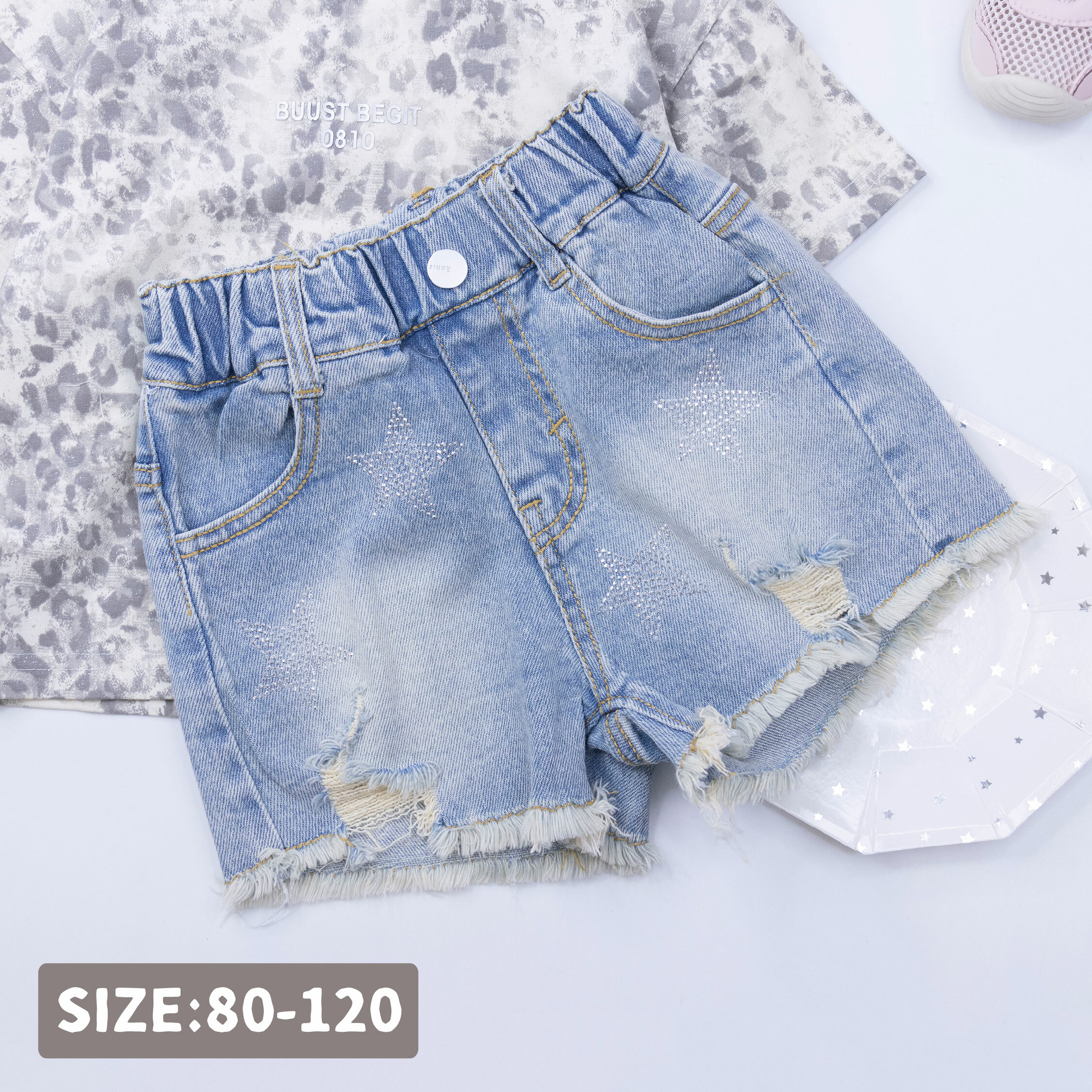 【H50212】閃亮星星貼鑽抽鬚牛仔短褲