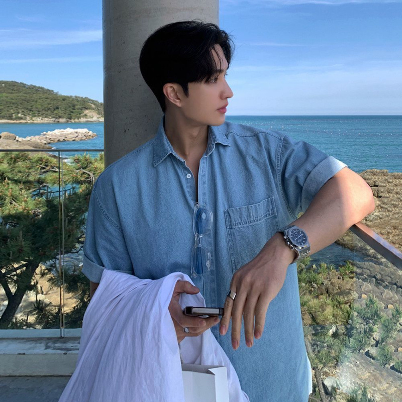 韓版水洗牛仔短袖夏季襯衫