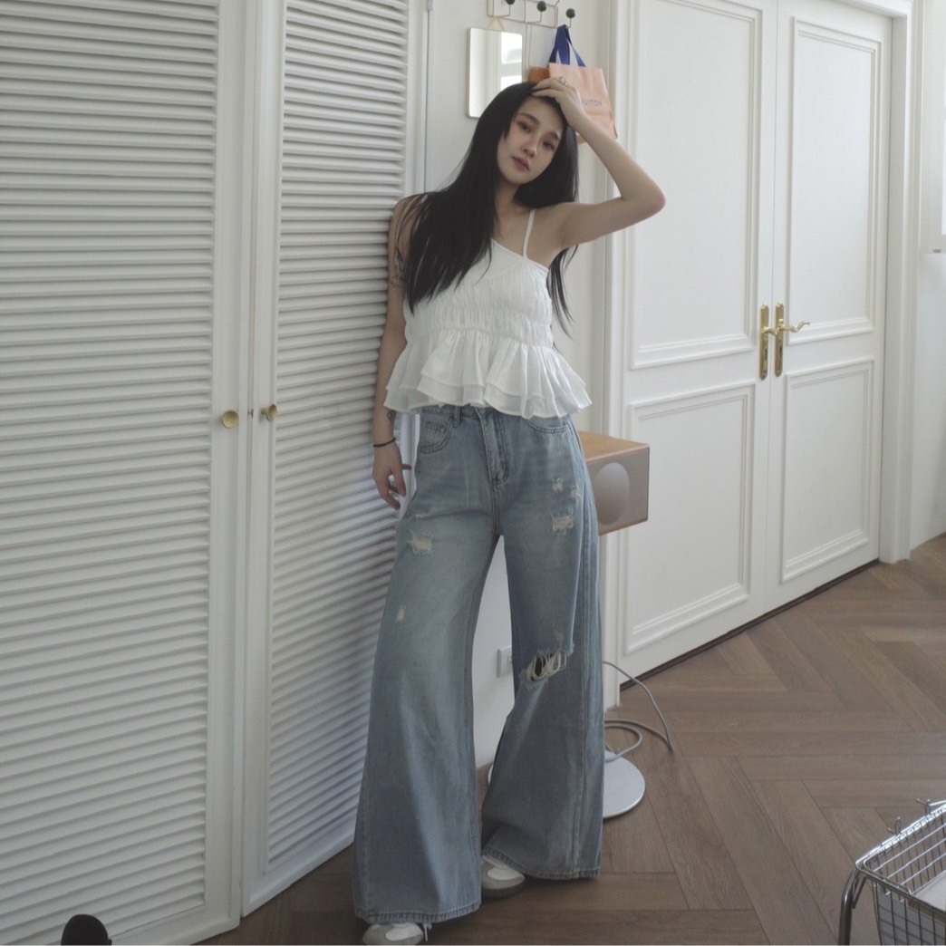 <女裝現貨💗> A026 復古刷色刮破高腰牛仔褲 一色