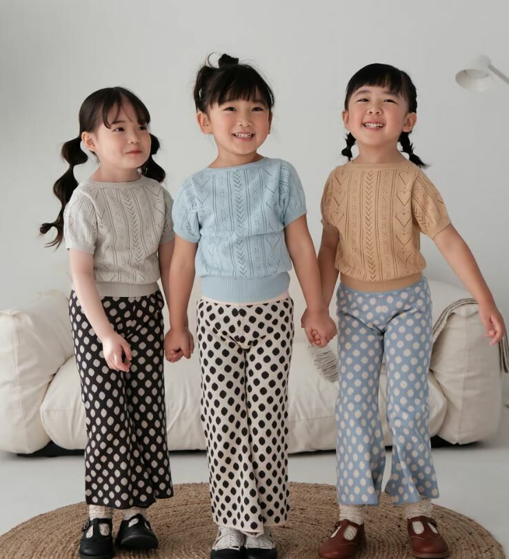 mes kids des fleurs 針織圓點長褲 flared trousers-white dots
