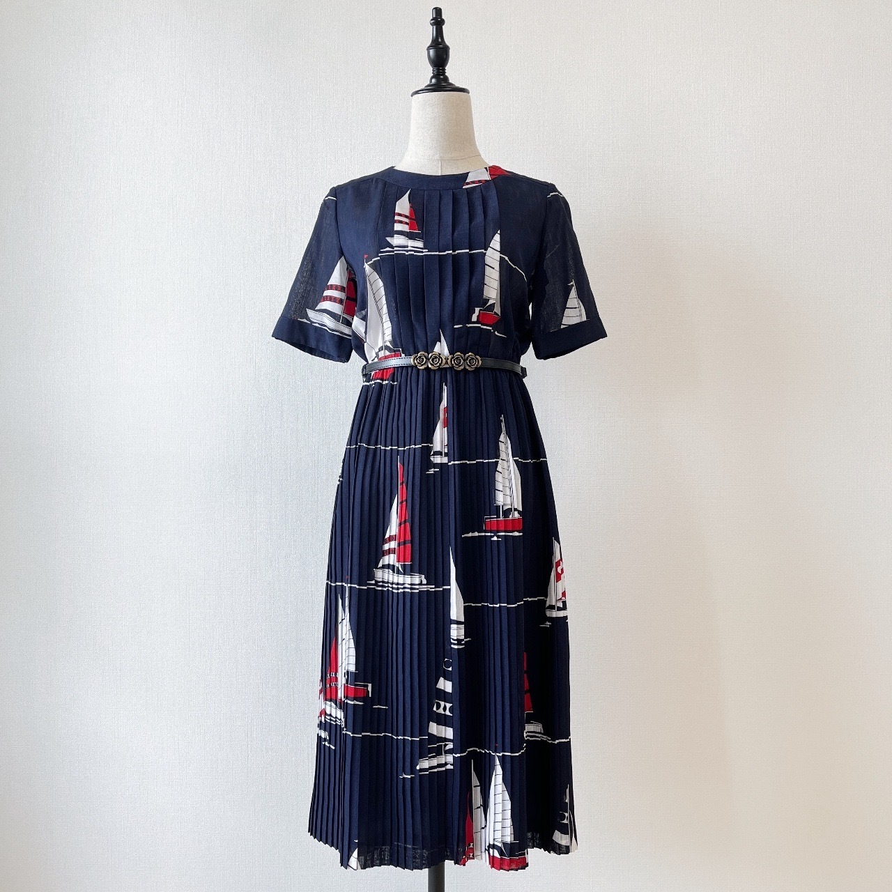 深藍色帆船圖案古著連身裙