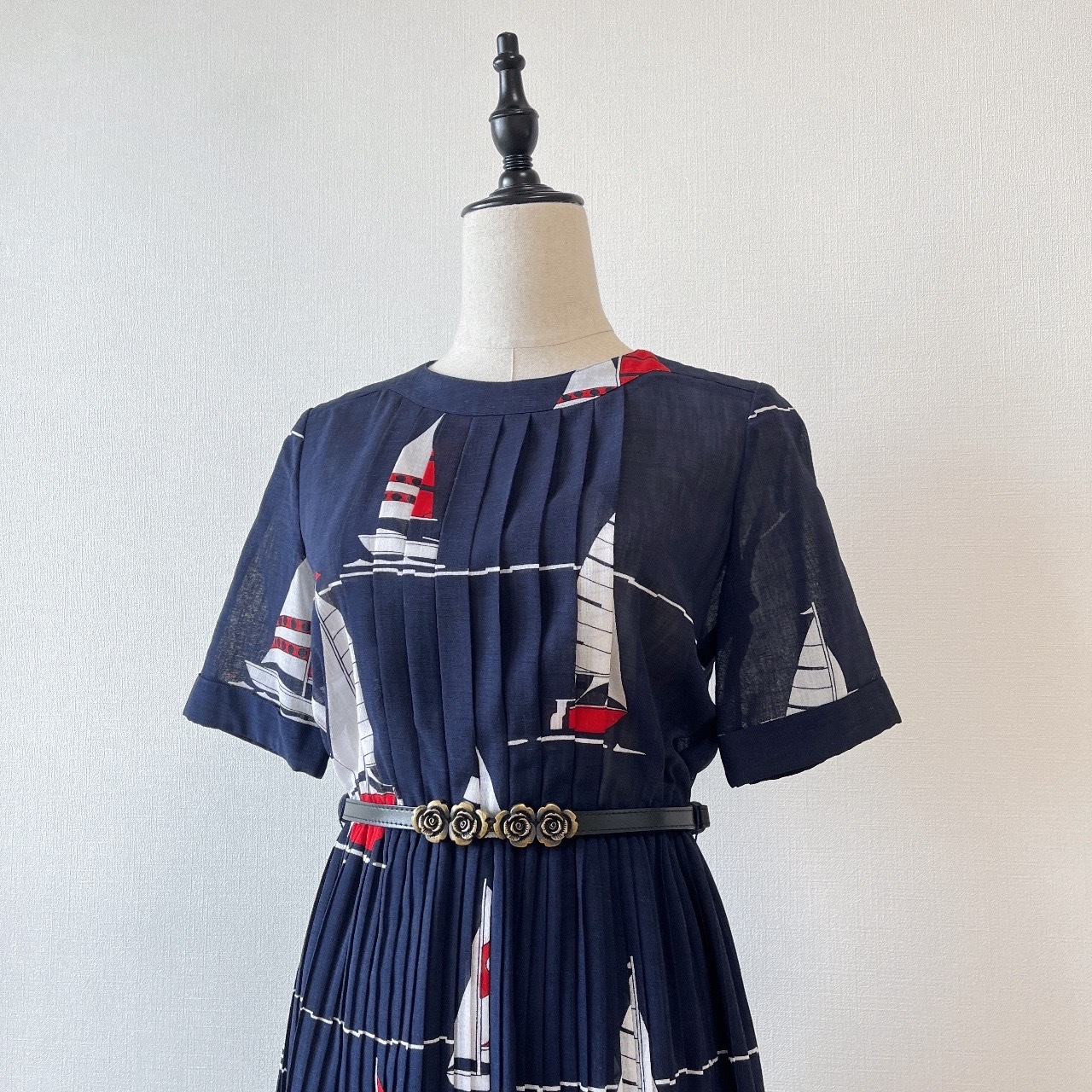 深藍色帆船圖案古著連身裙