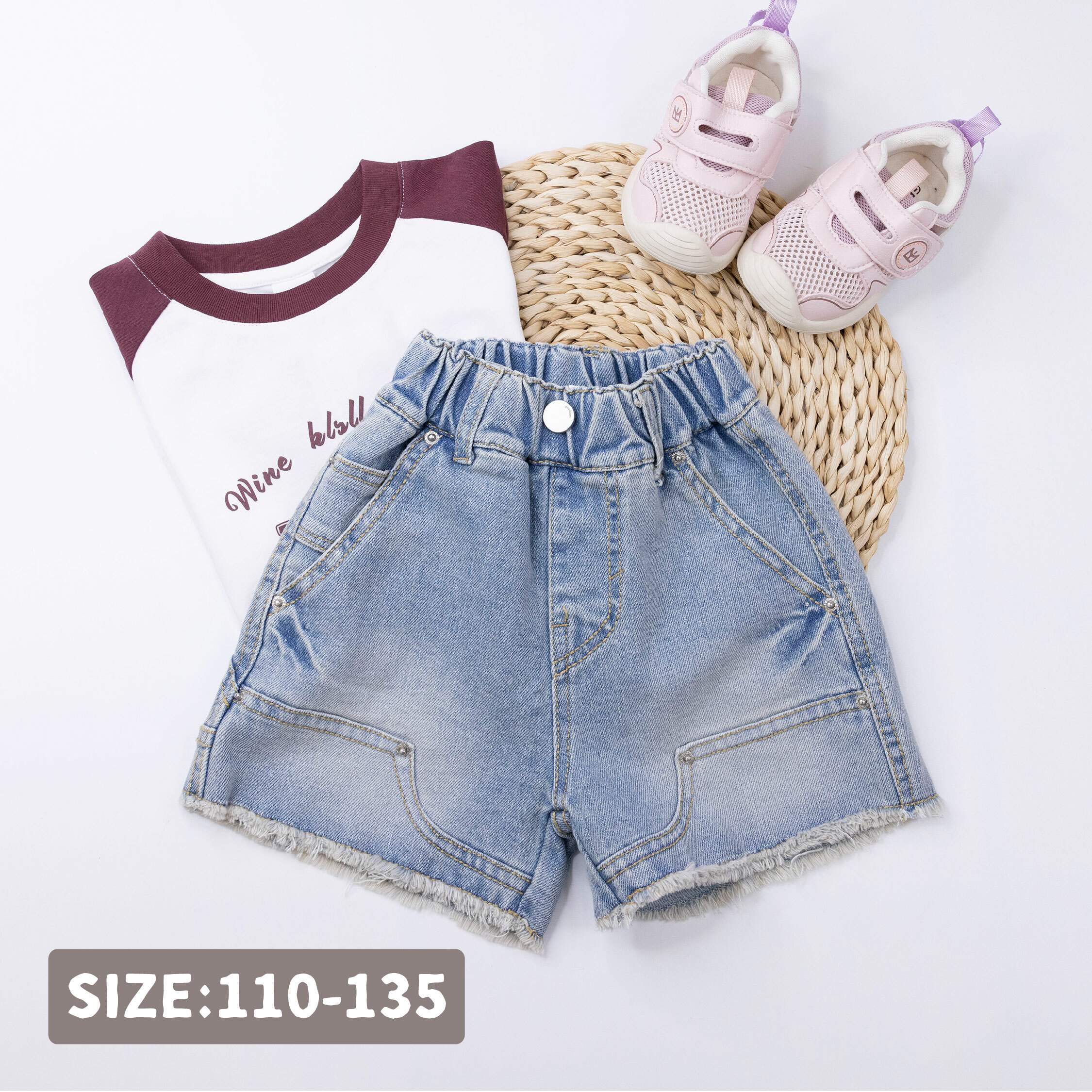 【H50304】不規則流線釘釦造型牛仔短褲