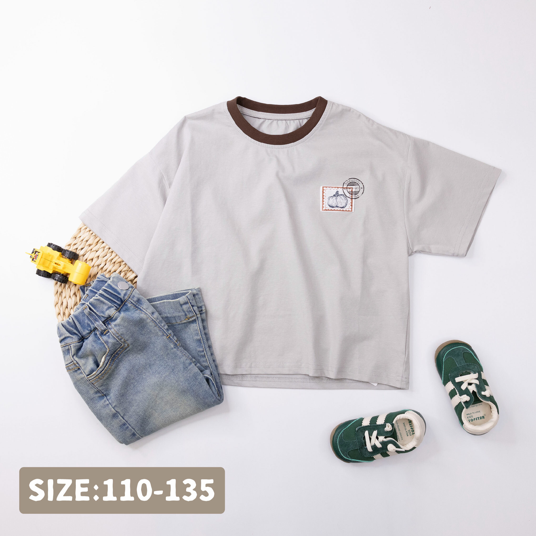 【H50147】南瓜郵票布標圓領寬版上衣/短T