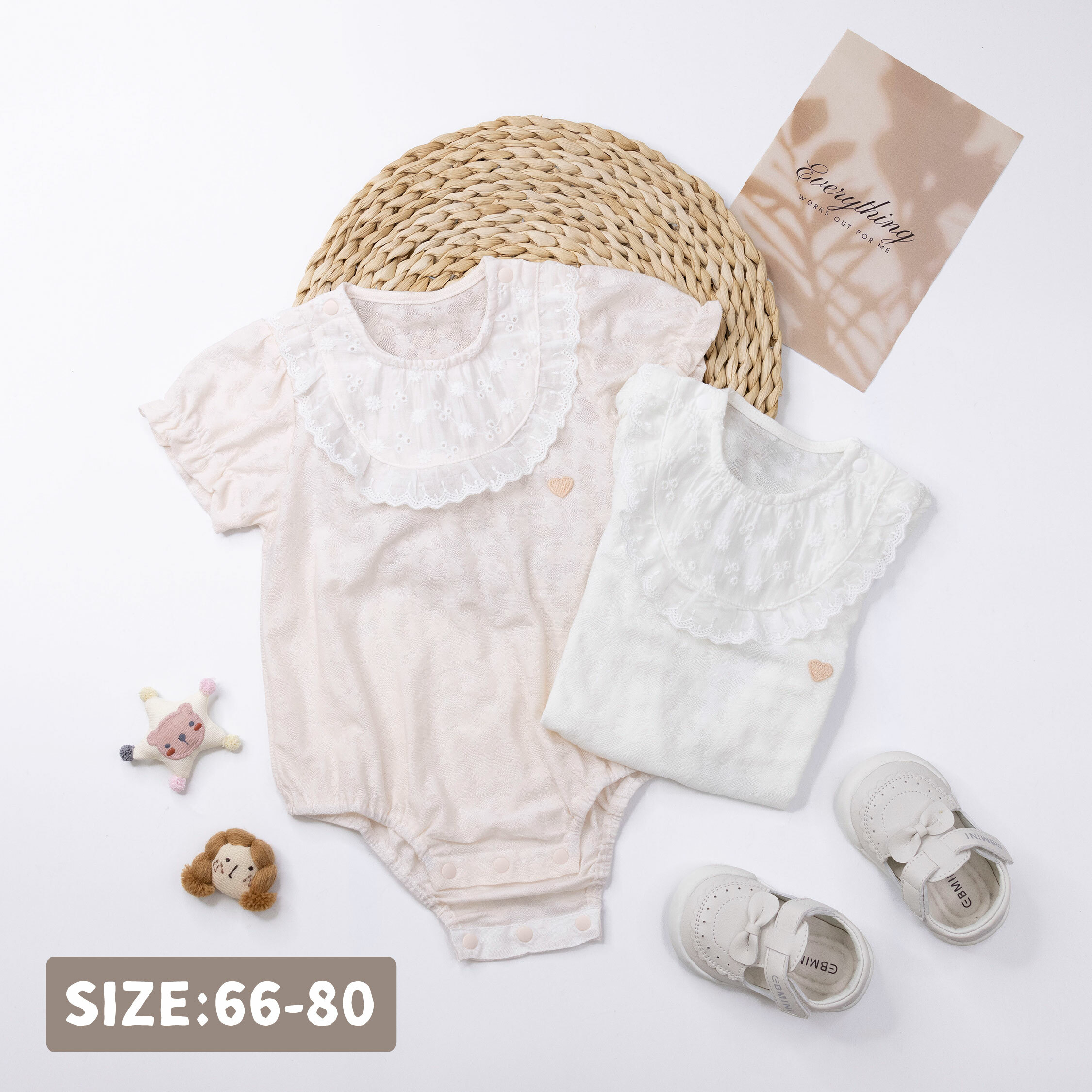 純淨系列【T0020】緹花領拼接愛心刺繡短袖包屁衣