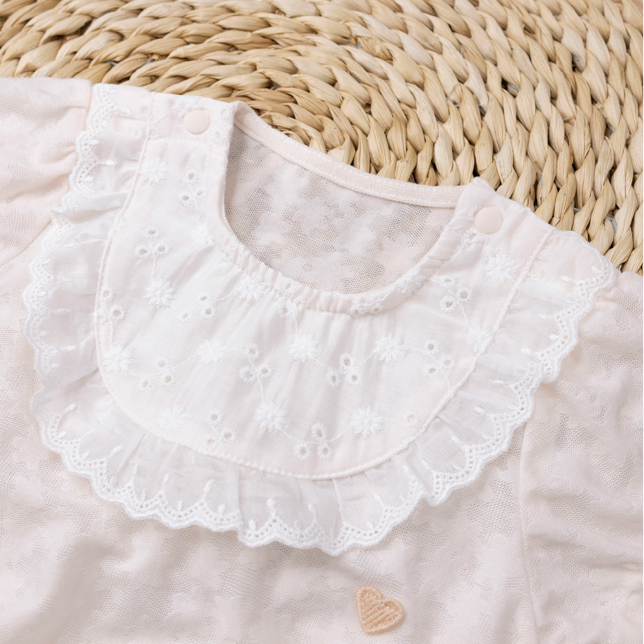 純淨系列【T0020】緹花領拼接愛心刺繡短袖包屁衣