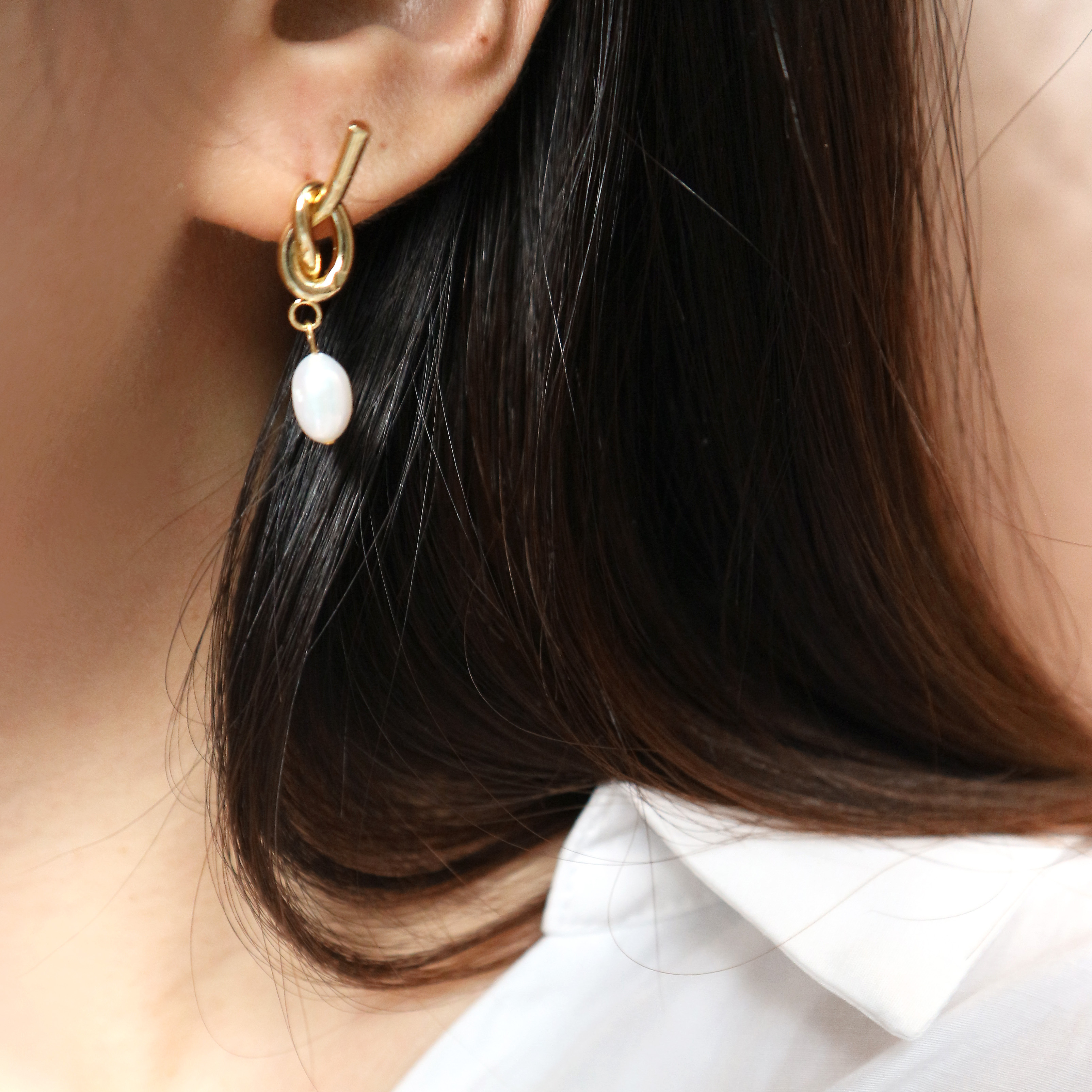 扭結珍珠 耳環-金