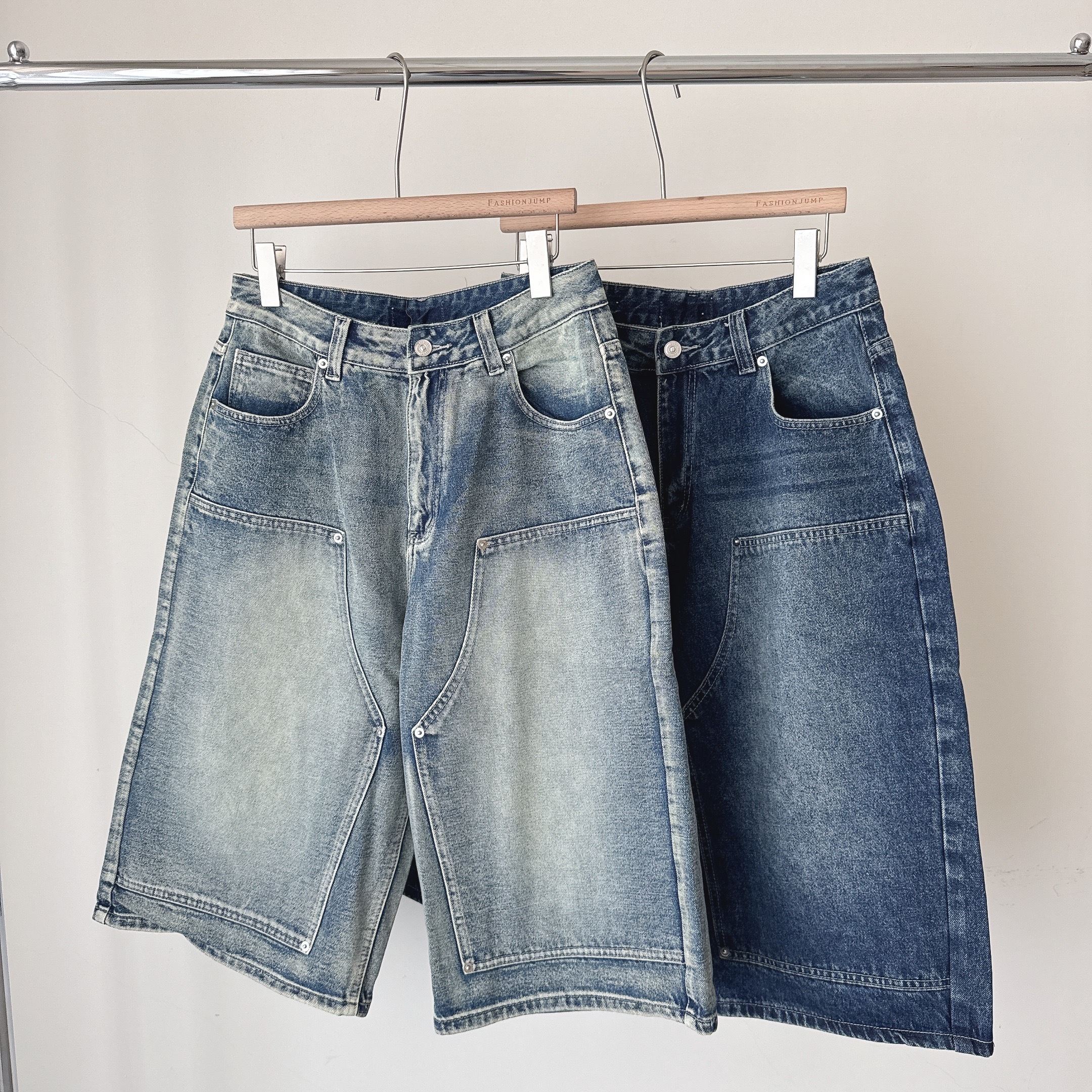 （現貨）NJ170 街頭 水洗刷色 前口袋 立體 拼接 牛仔短褲