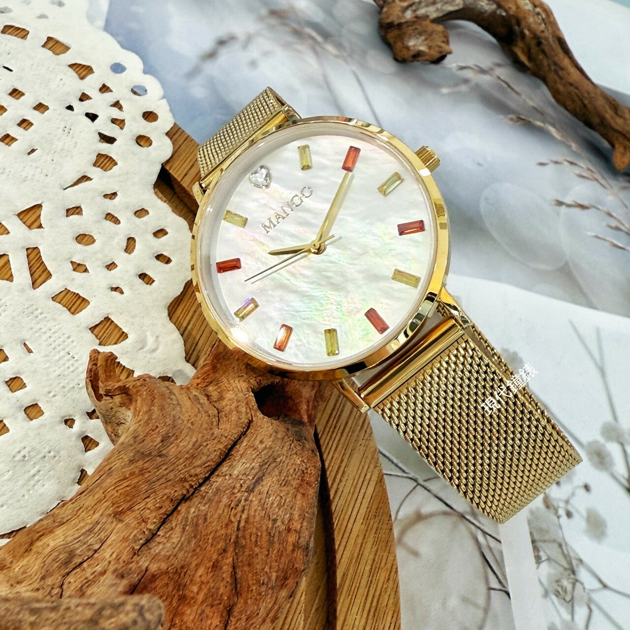 【MANGO】甜美繽紛晶鑽時尚米蘭腕錶 MA6770L-GD-H 36mm現代鐘錶
