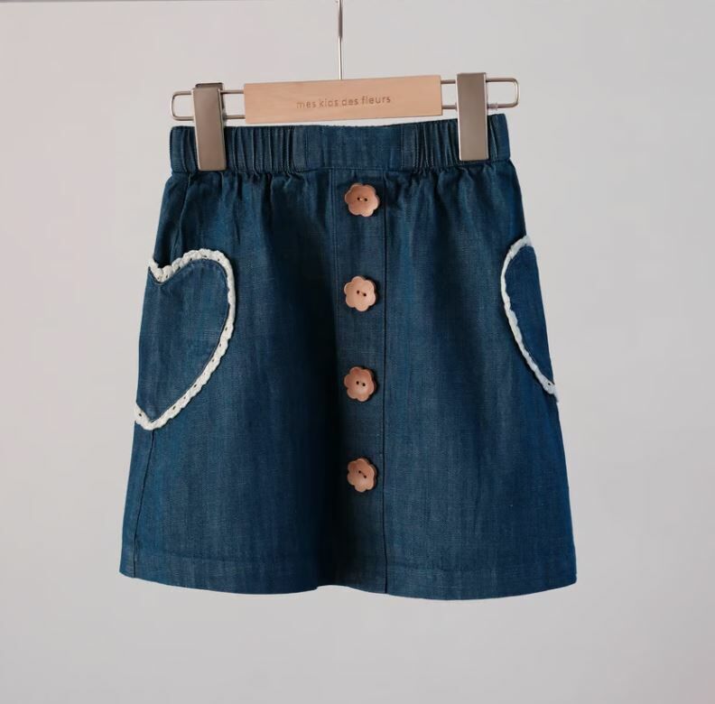 mes kids des fleurs 愛心口袋裙 heart pocket denim skirt-blue