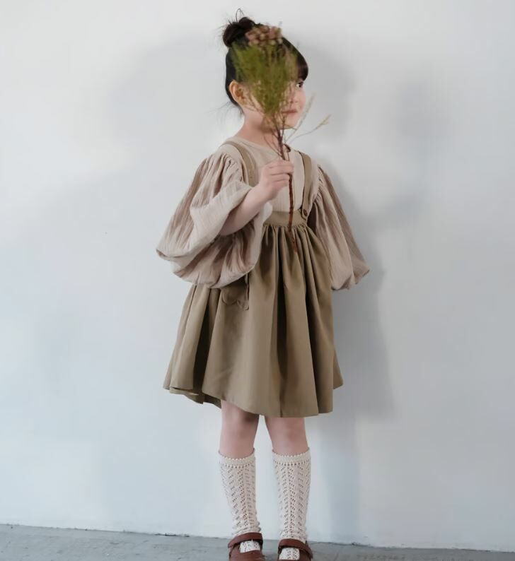 mes kids des fleurs 花朵口袋吊帶裙 overall dress-khaki