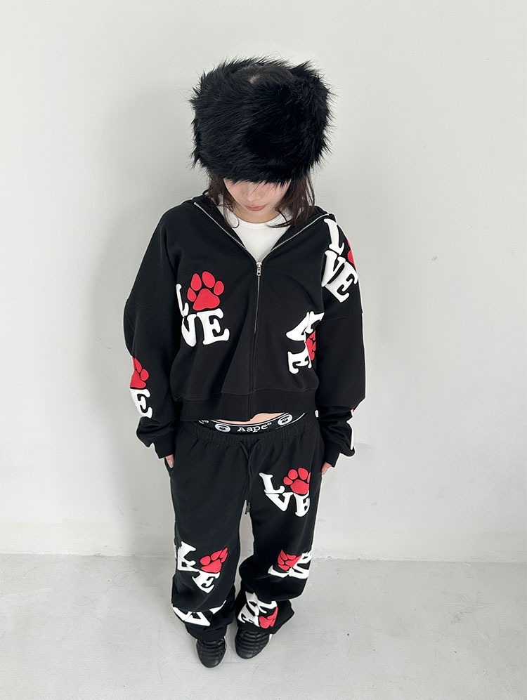 ArtByTastybabe LOVE 狗腳印 發泡印花 連帽外套 棉褲 套裝