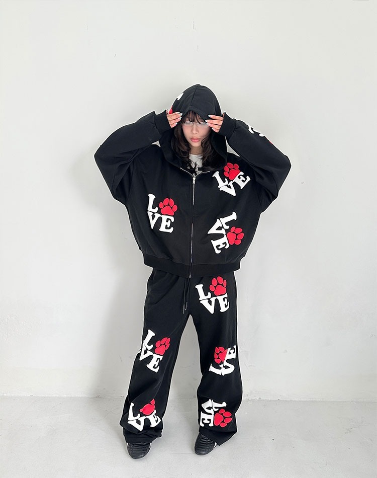 ArtByTastybabe LOVE 狗腳印 發泡印花 連帽外套 棉褲 套裝