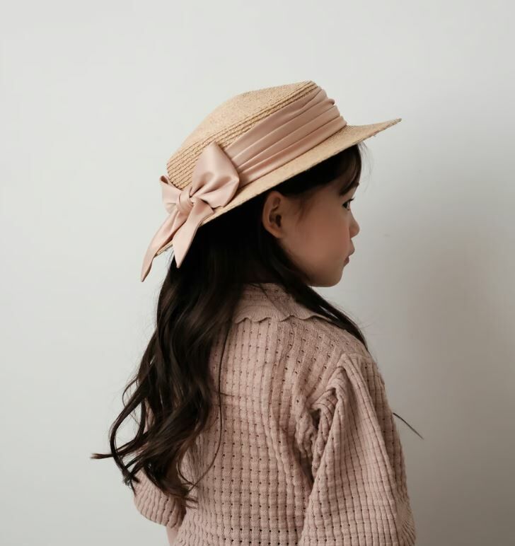 mes kids des fleurs 緞帶平頂草帽 flat straw hat