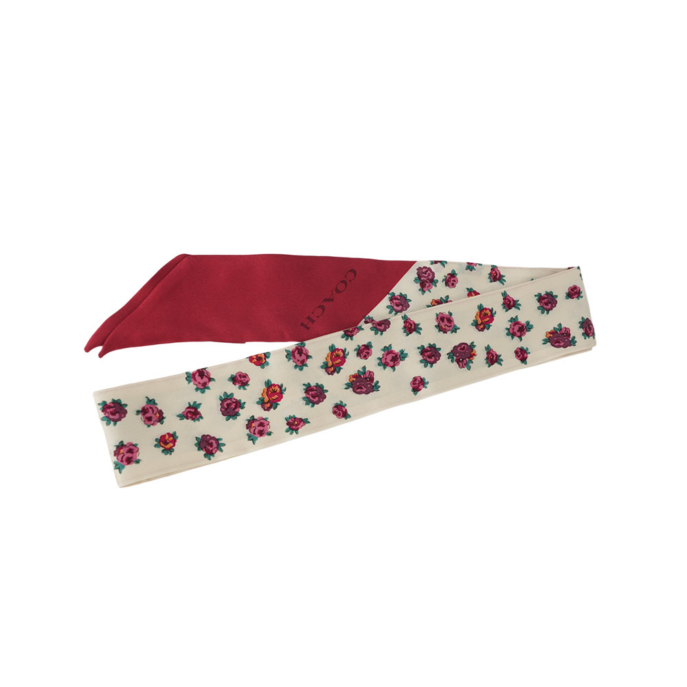 【COACH】復古迷你玫瑰圖案絲巾/髮飾(白色/紅色)