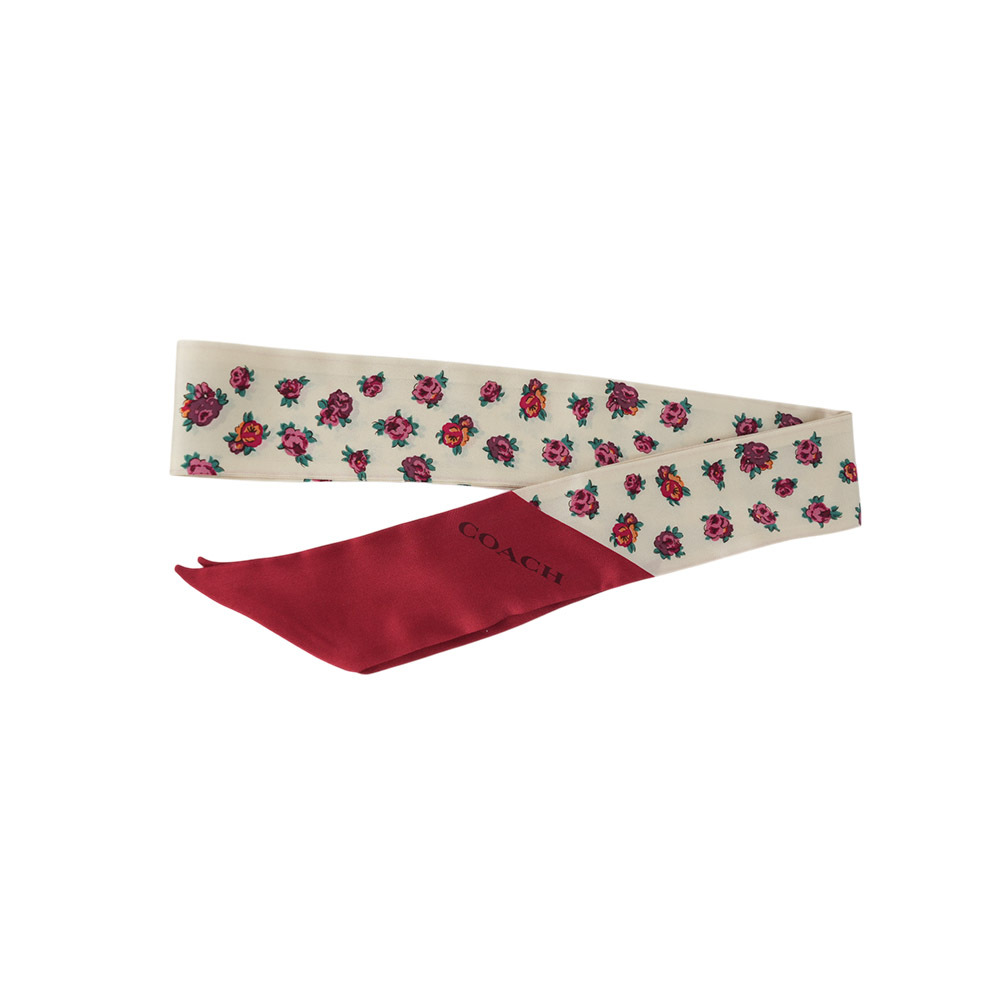 【COACH】復古迷你玫瑰圖案絲巾/髮飾(白色/紅色) CZ528 HARO