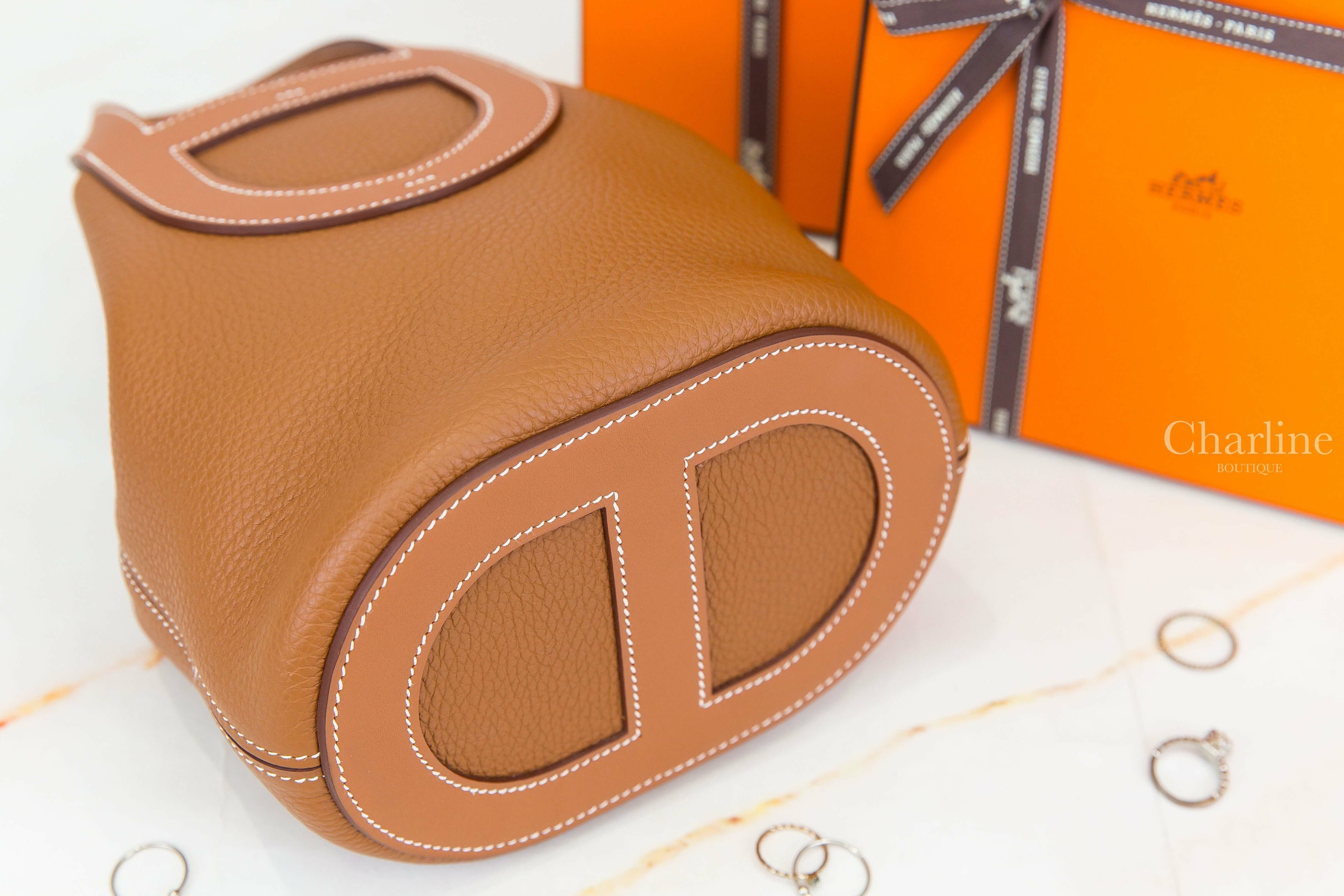 Hermès In The Loop 18cm 37 Gold Taurillon Clemence 焦糖色金釦小型提把水桶包-Charline Boutique 精品代購