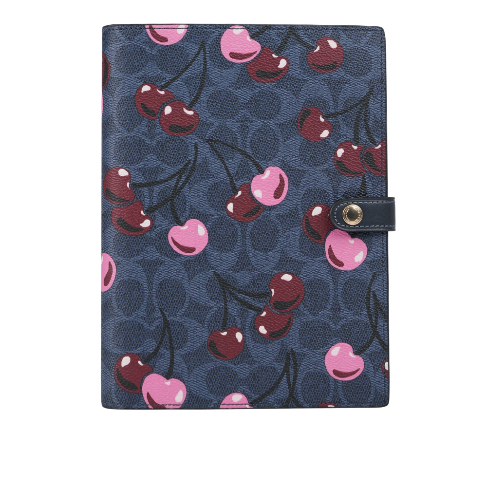 【COACH】櫻桃圖案塗層帆布及皮革筆記本/記事本(牛仔藍)